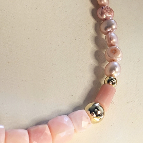 Natural Pink Opal Stones With Pink Freshwater Pearls Necklace And Bracelet - Picture 5 of 9
